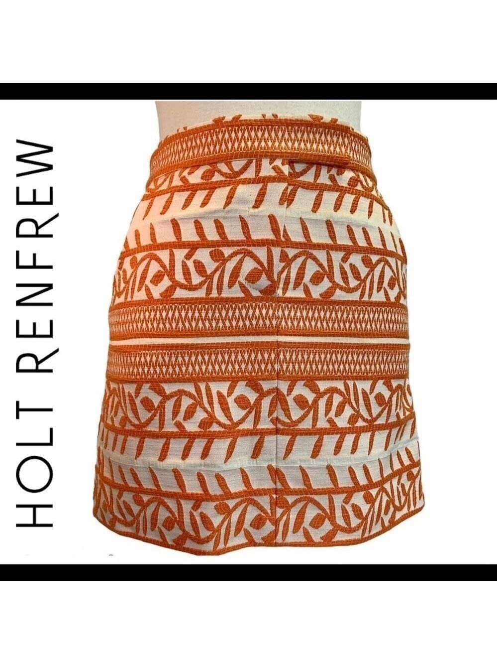 Holt Renfrew Orange & Cream Embroidered Cotton Mini Skirt Size 0 boho - Picture 2 of 8